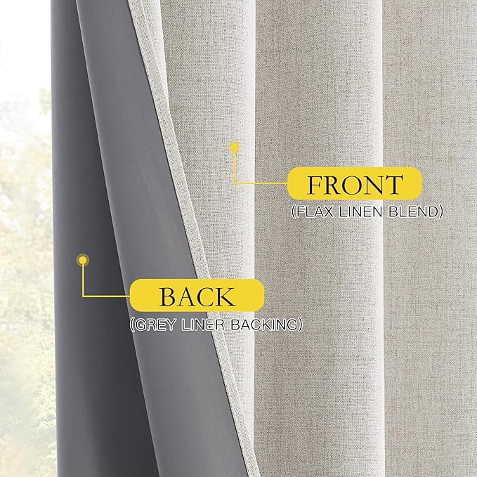 NICETOWN 100% Blackout Linen Curtains 108 inches Long 2 Panels, Thermal Insulated Curtains with Liners for Bedroom, Farmhouse Style Privacy Window Draperies for Living Room, Snowbound, W52 per Panel