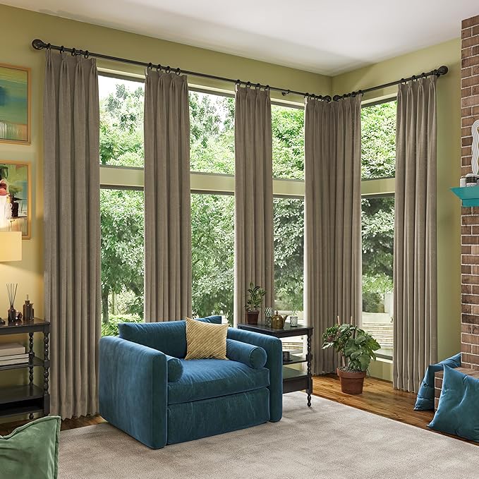 Linen Brown Room Darkening Curtains for Living Room,Pinch Pleated Back Tab Drapes with Hooks,Linen Burlap Thermal Insulated Noise Reducing Window Curtain Panels for Bedroom,W50 x L96, 2 Panels