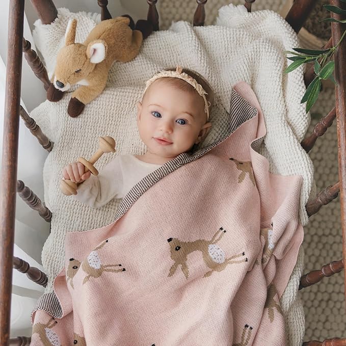 Knit Baby Swaddle Blanket - 100% Cotton Soft Cozy Receiving Swaddle Stroller Blanket for Shower Gift Registry for Newborns, Infants, Toddlers (Deer - Pink)