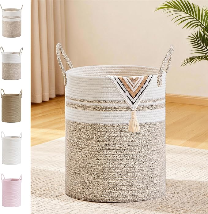 Tall Laundry Basket with Handles, 53L Portable Dirty Clothes Hamper, Boho Cotton Rope Storage Bin for Blankets Kids Toys Gifts, Decorative Organizer for Nursery Bedroom Bathroom, New Brown