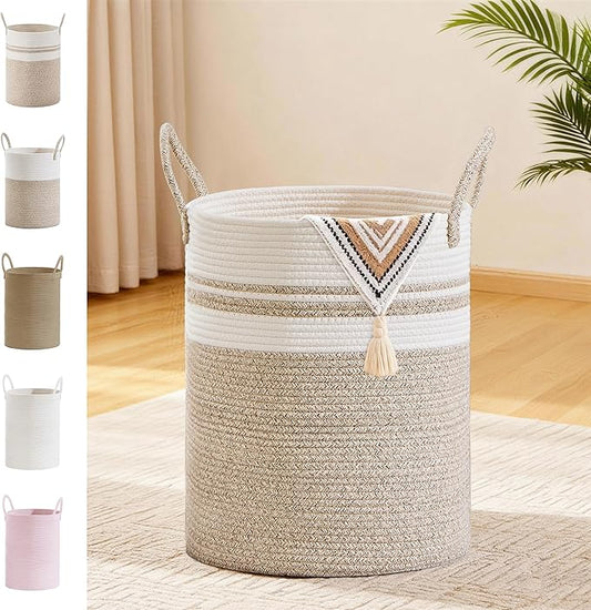 Tall Laundry Basket with Handles, 53L Portable Dirty Clothes Hamper, Boho Cotton Rope Storage Bin for Blankets Kids Toys Gifts, Decorative Organizer for Nursery Bedroom Bathroom, New Brown