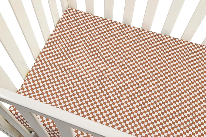 Onacosht Muslin Mini Crib Sheets, 39" x 27" Pack and Play Mattress Sheets Fitted for Pack N Play, Soft Cotton for Boys Girls, 2 Pack, Checker and Brown