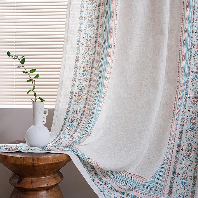 MYSKY HOME Linen Sheer Curtains 63 Inch Length for Bedroom Boho Farmhouse Curtains Decorative Window Treatment Draperies Back Tab for Kitchen/Nursery/Bathroom, 50" Wide, Teal, 2 Panels
