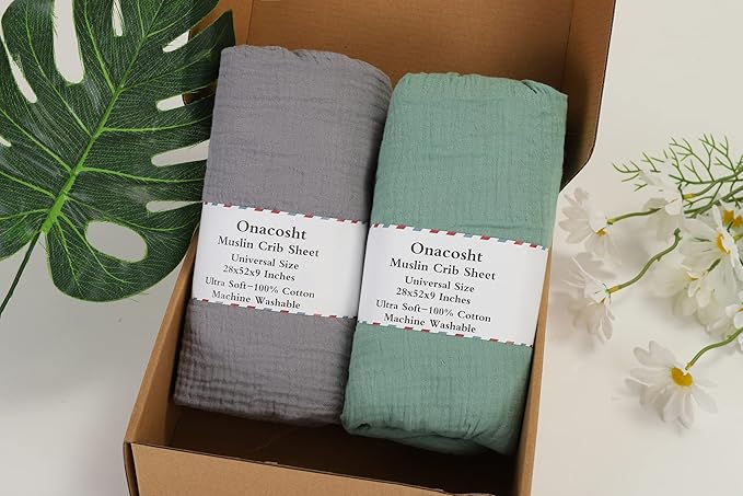Onacosht Muslin Crib Sheets for Boys Girls, Soft Breathable 100% Cotton Baby Fitted Sheet 52" x 28" for Standard Toddler Crib Mattress, 2 Pack, Grey and Green