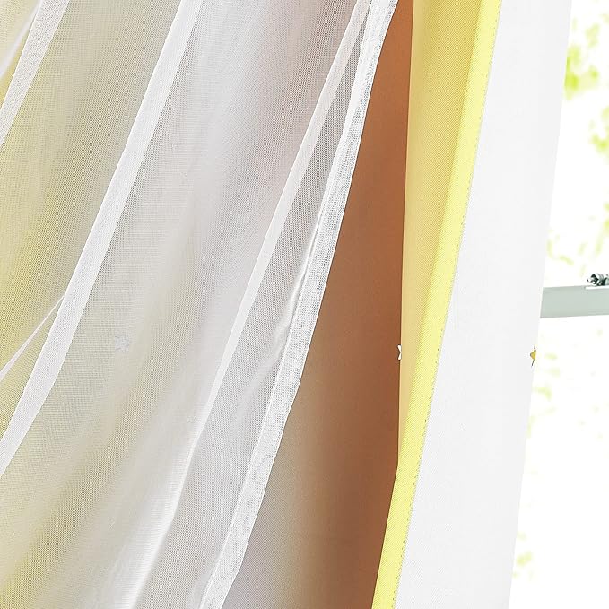 NICETOWN 2 Panels Star Blackout Curtains for Kids Girls Bedroom Aesthetic Living Room Colorful Double Layer Cut Out Rainbow Window Home Decoration Curtain, Yellow & Orange & Grey, W52 x L84