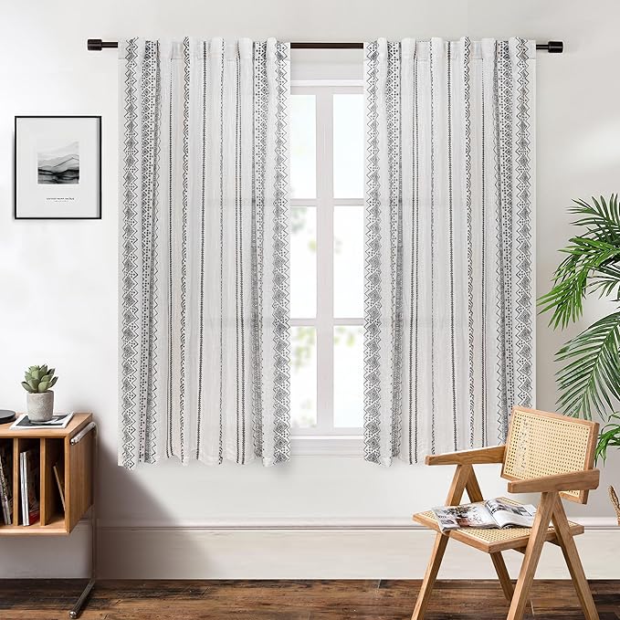 MEETSKY Curtains 63 Inches Long for Living Room Geometric Light Filtering Cotton Back Tab Curtains 2 Panels Printed Semi-Sheer Window Drapes Home Decorative Rod Pocket Drapes for Bedroom