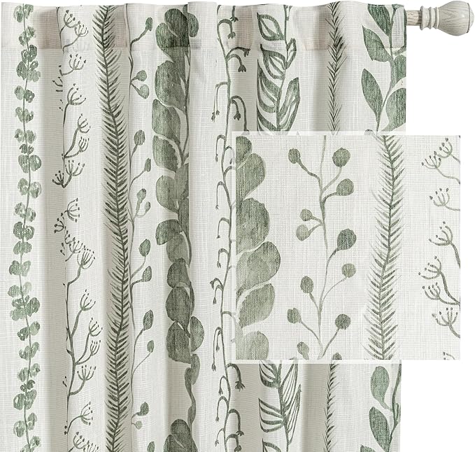 MEETSKY Sage Green Curtains 72 Inches Long 2 Panels Boho Curtains for Living Room Light Filtering Patterned Drapes for Bedroom Linen Style Back Tab Leaf Print Window Treatment, 50” Wide Each Panel