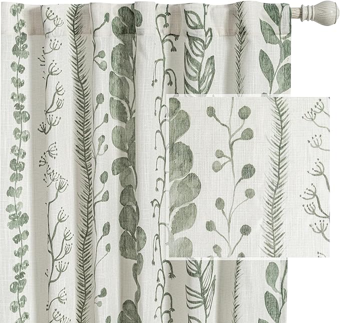 MEETSKY Sage Green Curtains 63 Inches Long Boho Curtains for Living Room Bedroom Semi-Sheer Linen Style Back Tab Drapes Light Filtering Leaf Printed Window Curtain, 50” Wide Each Panel, 2 Panels