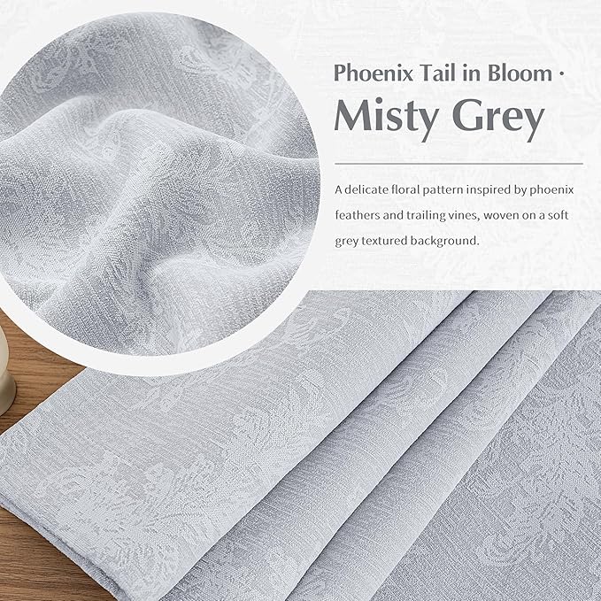 FMFUNCTEX Grey Floral Jacquard Blackout Curtains 90 Inches Long for Bedroom, Scroll Flower Chenille Farmhouse Curtains for Living Room Darkening Thermal Insulated Grommet Window Drapes 2 Panels