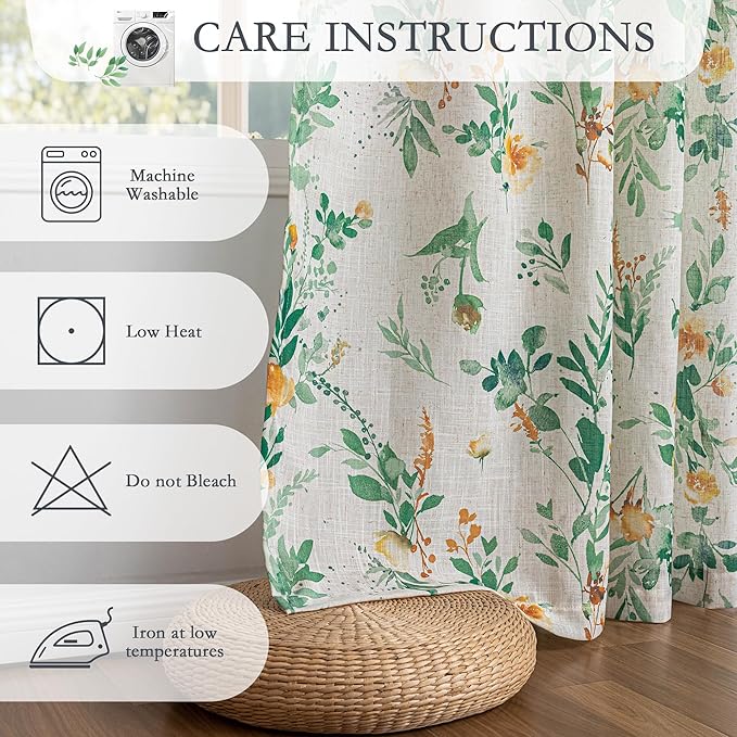 MYSKY HOME Linen Floral Long Curtains 95 Inch Length 2 Panels Set, Sage Green Curtains Semi Sheer Flower Printed Light Filtering French Country Window Curtain for Dining Room, 50" W Each Pane