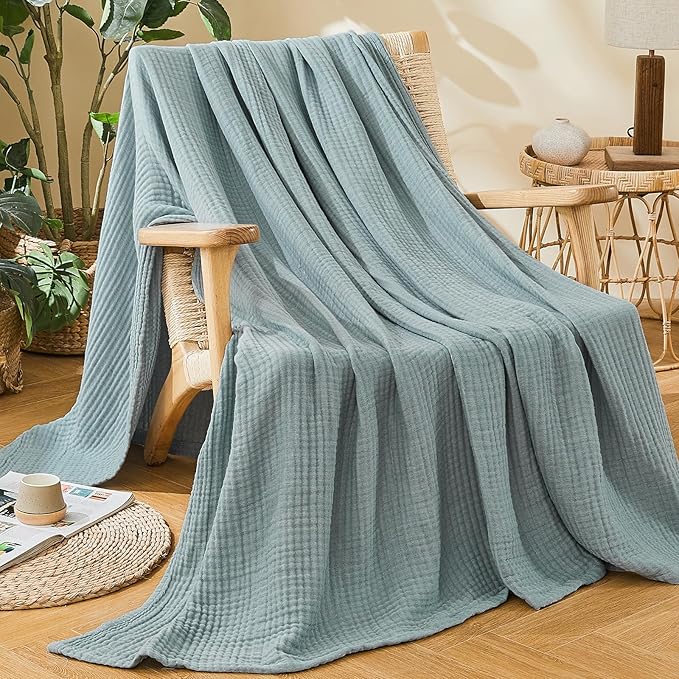 EMME Cotton Muslin Twin Blanket Breathable Gauze Soft Lightweight Blankets Adults Gifts for Women (Heather Teal, 60"x80")