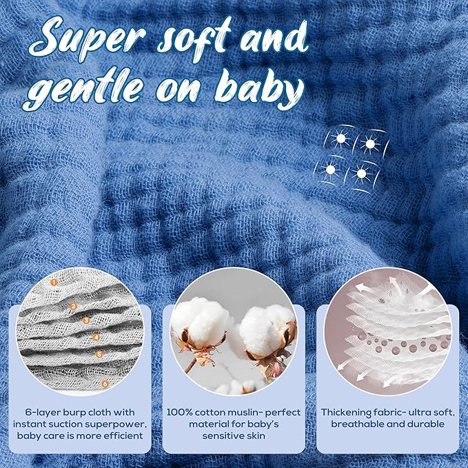 LILY O LAUREL Muslin Burp Cloths, 20"x10"- Pack of 8, 6 Layers Super Soft Absorbent & Breathable 100% Cotton for Baby Drool and Messes, Burp Cloth Baby Boy and Burp Cloths Baby Girl