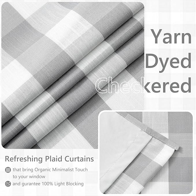 Amzdecor Buffalo Check Plaid Full Blackout Window Curtains 84 Inches Long for Bedroom Noise Reducing Total Room Darkening Grommet Drapes,Vintage Farmhouse Window Treatment,2 Panels,40"x84",Gray White
