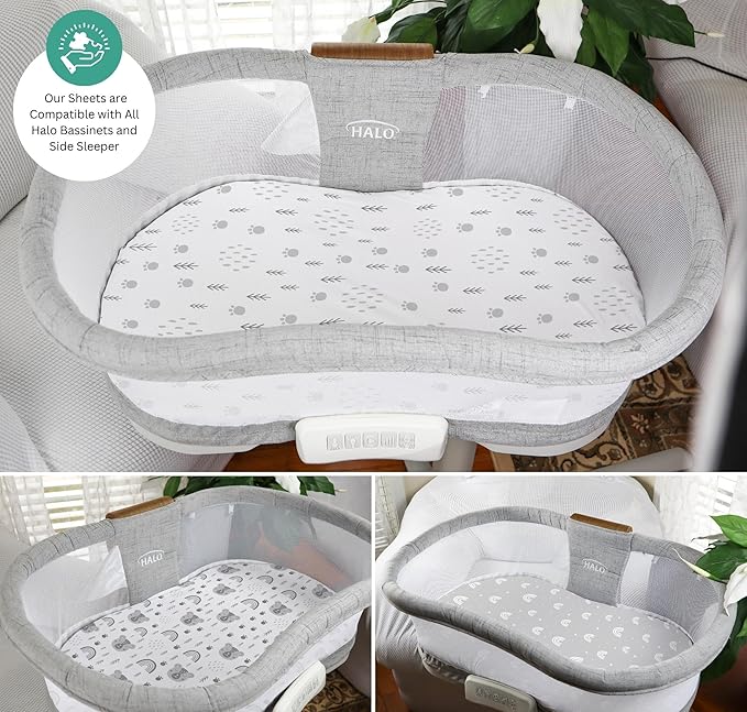 TansyPanda Halo Bassinet Sheets for BassiNest Luxe Swivel, Soothing, Swivel, Lite, Essential Sleeper, 3 Pack, 33 X 17 Inch, Ultra Soft, Snug Fit, Unisex Boys Girls, Gray White (Woodland Rainbow)
