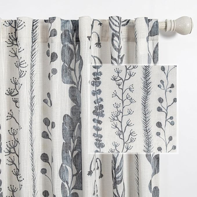 MEETSKY Curtains 63 Inches Long Boho Linen Style Curtains for Living Room Semi-Sheer Back Tab Farmhouse Drapes Light Filtering Bohemian Rod Pocket Window Curtain, 50” Wide Each Panel, 2 Panels