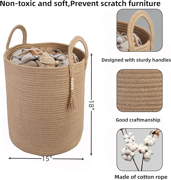 Rope Laundry Basket Laundry Hamper for Clothes Woven Storage Basket for Living Room Bedroom Boho Tall Rope Baskets for Blanket Toys Pillow Towels Baby Nursery Hamper Bin jute
