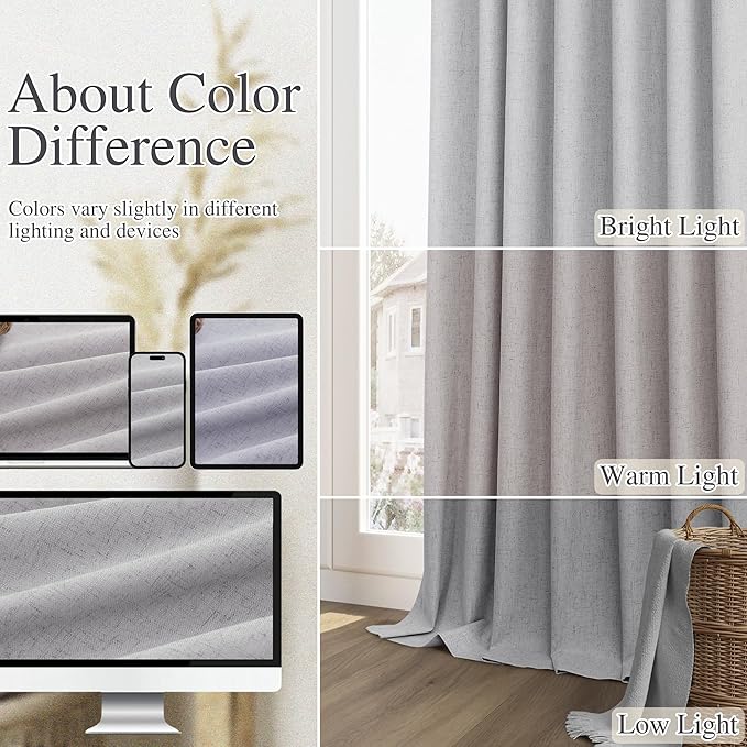 Guken Grey 100% Blackout Curtains 102 Inch Length 2 Panels Set for Living Room Bedroom Back Tab Thermal Insulated Black Out Linen Drapes Room Darkening Window Curtains 102 Inches Long