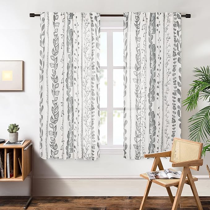 MEETSKY Curtains 63 Inches Long Boho Linen Style Curtains for Living Room Semi-Sheer Back Tab Farmhouse Drapes Light Filtering Bohemian Rod Pocket Window Curtain, 50” Wide Each Panel, 2 Panels