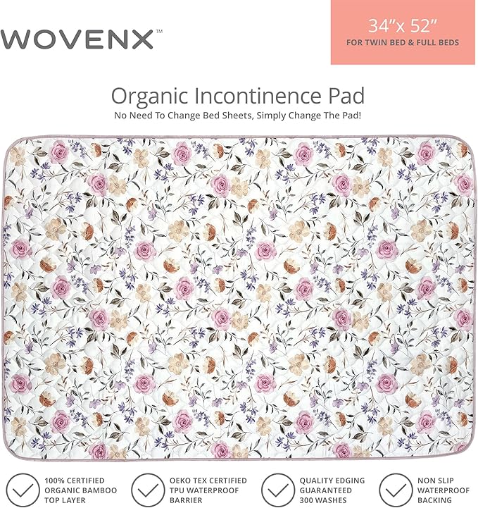 WOVENX Organic Incontinence Pads for Kids & Toddlers - 5 Layer Waterproof Protectors for Overnight Bed Wetting - Reusable & Washable Pee Pads - Fits Twin to Full Size Beds - 34" x 52" Flower