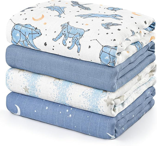 GLLQUEN BABY Muslin Swaddle Blankets 4-Pack Breathable Receiving Blankets (35" x 40") Soft Baby Blankets for Girls and Boys Newborn Essentials Muslin Burp Cloths Swaddle Wrap Baby Gift(Cosmos)