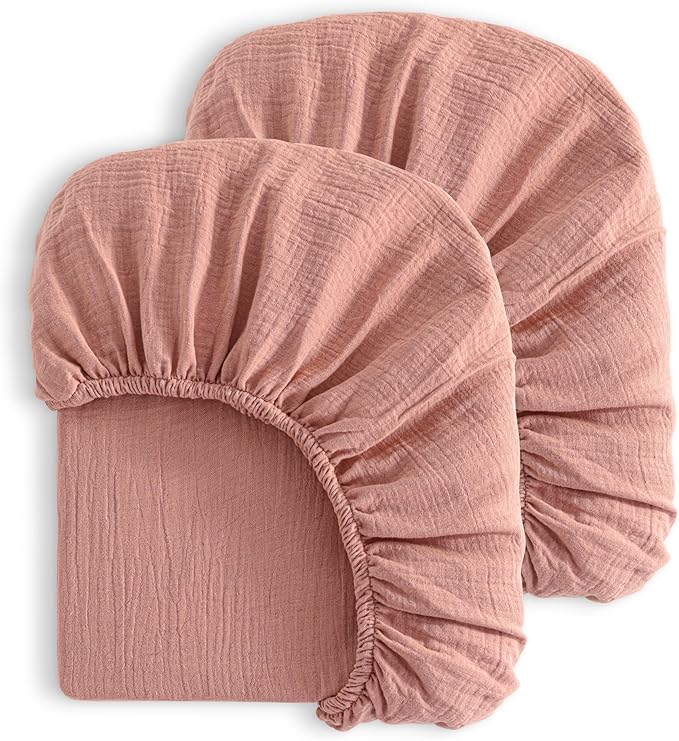 NTBAY 2 Pack Muslin Cotton Crib Sheets, Soft and Breathable Double Layer 28x52 Baby Crib Sheets for Standard Crib and Toddler Mattresses, Boys, Girls, Unisex, Blush Pink, 28x52 Inches
