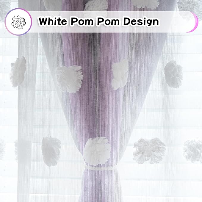 MYSKY HOME Pink Purple Curtains for Bedroom 72 Inch Long Nursery Curtains Pom Pom White Sheer Curtains for Girls Room Double Layer Toddler Dining Room Grommet Room Darkening Window Panels W52 X L72