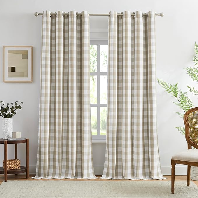 Amzdecor Beige White Buffalo Plaid Full Blackout Curtains 90 Inch Long for Bedroom Living Room Farmhouse Check Patterned Drapes Thermal Insulated Soundproof Grommet Window Treatment, 2 Panels, 52"x90"