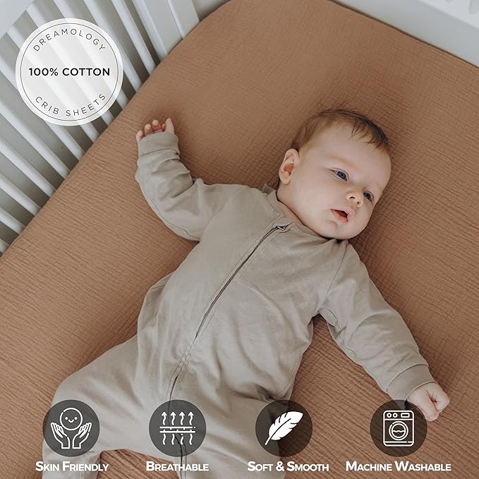 Dreamology Muslin Mini Crib Sheets, 100% Cotton Crib Sheets, 2 Pack, Soft, Crib Sheets Girls, Boys, Pack n Play Sheets, Crib Sheet, Pack and Play Sheets Fitted, 24x38 Mini Crib Sheets | Brown and Ecru