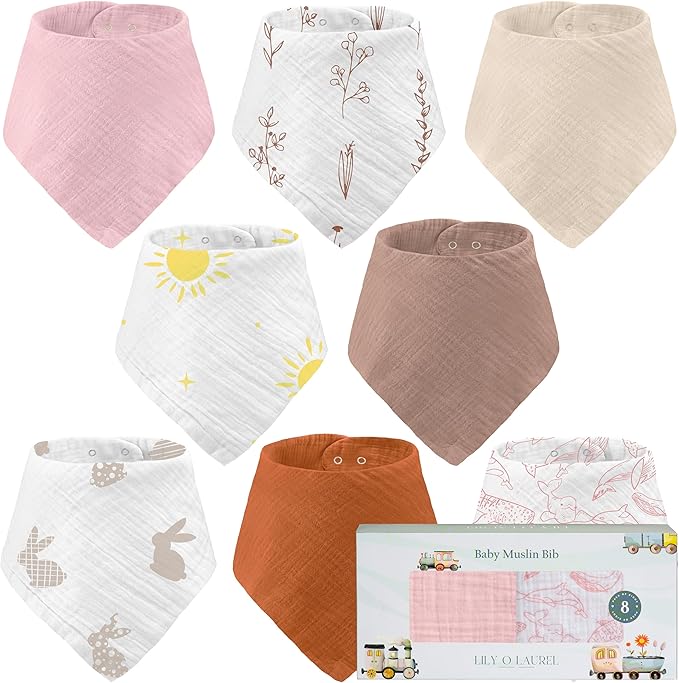 LILY O LAUREL Muslin Baby bibs for drooling and teething, 100% cotton, Bibs for baby girl, Muslin bibs for boys (8 Pack)