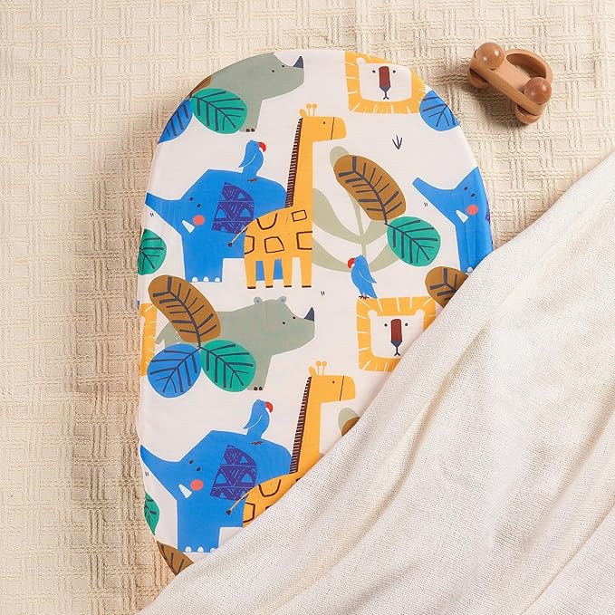 TILLYOU Baby Bassinet Sheets for Girls Boys 2 Pack Baby Sheets for Square Rectangle Oval Bassinet Mattress 33X16 Inch, Animal Geometry & Blue