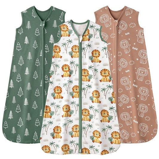 FIEMOL Baby Sleep Sack 0-6 months, 100% Cotton Sleeping Sack for Newborn and Infant, 3 Pack Baby Wearable Blanket, 0.5 Tog Lightweight Double Zipper Sleep Bag Small Brown Green Lion