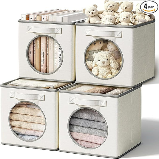 Vailando Foldable Fabric Storage Bins with Round Window - 4 Pack 11"x11"x11" Collapsible Cube Storage Prganizer for Clothes, Shelves, Offices, Toys & Misc, White & Ivory