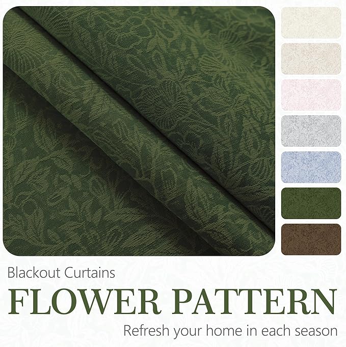 Metro Parlor Green Floral Blackout Curtains 96 Inches Long for Bedroom, Jacquard Chenille Patterned Vintage Flower Curtains for Living Room Darkening Thermal Insulated Grommet Window Drapes, 2 Panels