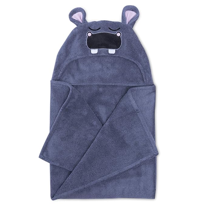 Natemia Premium Hooded Baby Towels - Ultra Soft Baby Bath Towel with Animal Design, Toddler Bath Towel, Newborn Towels for Boys and Girls, Made in Turkey - Hippo