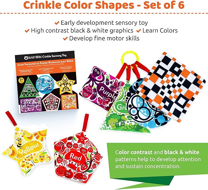 BabyBibi High Contrast Crinkle Paper Shapes - Baby Sensory Toys for Visual Development, Tummy Time - Crib, Stroller & Car Seat Crinkle Toys for Babies & Infants 3 Months+