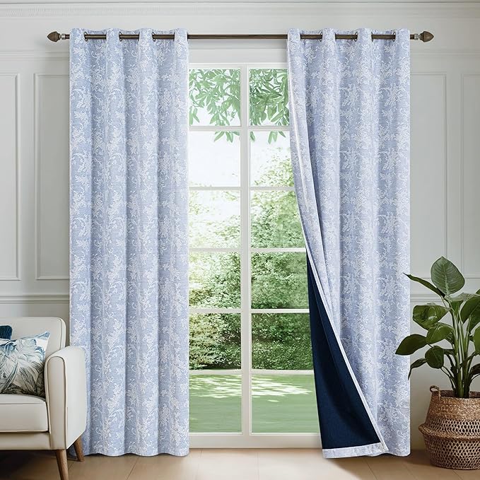 FMFUNCTEX Blue Floral Jacquard Blackout Curtains 96 Inches Long for Bedroom, Scroll Flower Chenille Farmhouse Curtains for Living Room Darkening Thermal Insulated Grommet Window Drapes 2 Panels