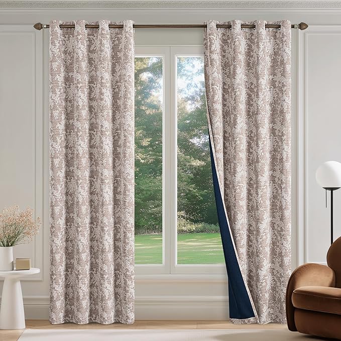 FMFUNCTEX Rust Brown Floral Jacquard Blackout Curtains 90 Inches Long for Bedroom, Scroll Flower Chenille Farmhouse Curtains for Living Room Darkening Thermal Insulated Grommet Window Drapes 2 Panels