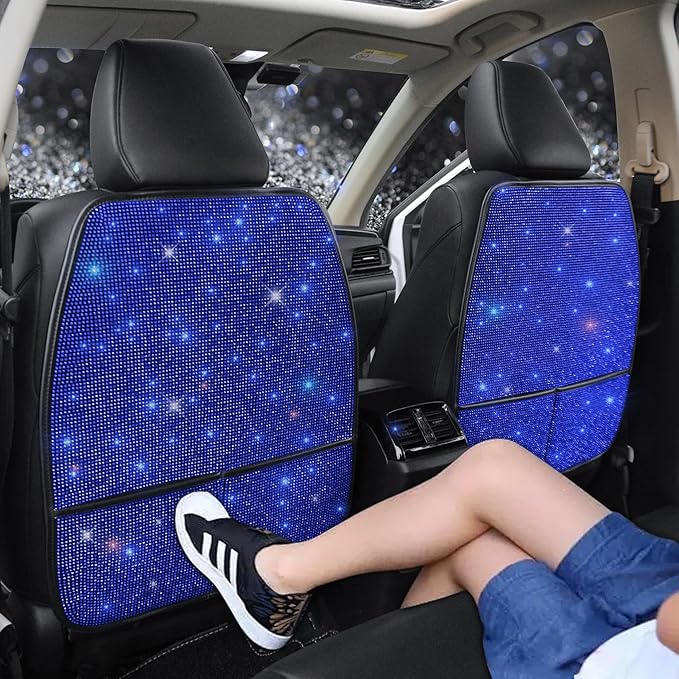 Sparkling Diamond Car Seat Kick Protectors with Storage, Crystal Kick Mats for Car Seats with Bling Rhinestones, Universal Fit Luxury Auto Accessories for Women Girls and Ladies Blue 2pcs