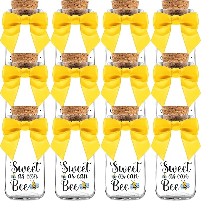 Ethisa Small 12 Pack Bee Party Favor Glass Bottles with Ribbons and Stickers - Baby Shower and Birthday Souvenir for Guests and Table Centerpiece Decoration - Sweet as Can Bee Honey Themed Candy Jar