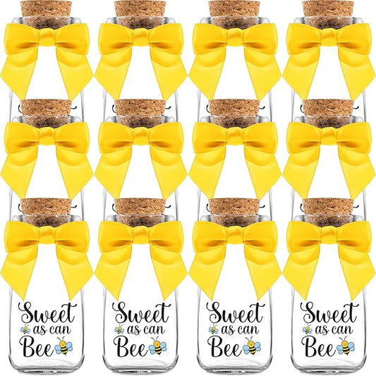 Ethisa Small 12 Pack Bee Party Favor Glass Bottles with Ribbons and Stickers - Baby Shower and Birthday Souvenir for Guests and Table Centerpiece Decoration - Sweet as Can Bee Honey Themed Candy Jar