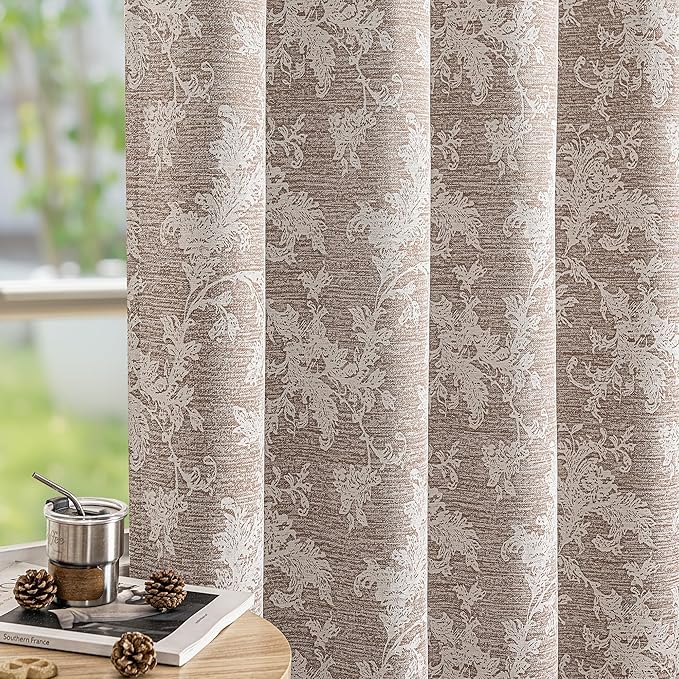 FMFUNCTEX Rust Brown Floral Jacquard Blackout Curtains 72 Inches Long for Bedroom, Scroll Flower Chenille Farmhouse Curtains for Living Room Darkening Thermal Insulated Grommet Window Drapes 2 Panels