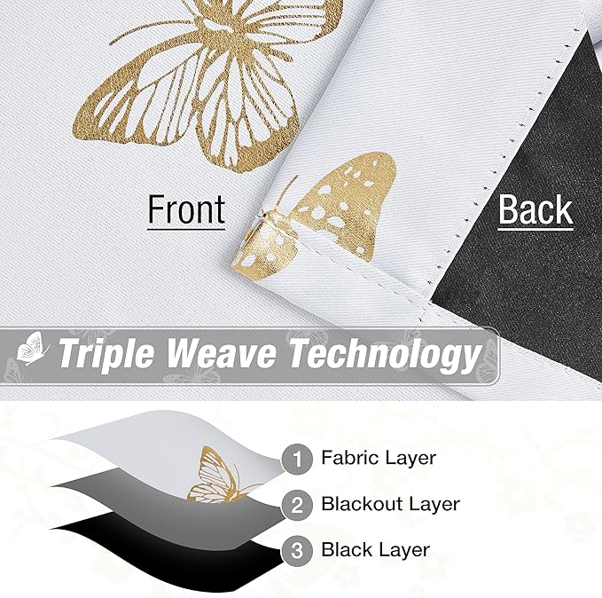 Jubilantex Gold Butterfly Blackout Curtains on Greyish White with Black Layer,Thermal Insulated Window Curtains for Bedroom Girls Room,52x84,2 Panels
