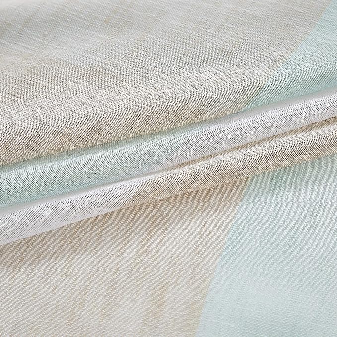 Central Park Tan and Spa Blue Stripe Sheer Color Block Window Curtain Panel Linen Texture Window Treatment for Bedroom Living Room Farmhouse 102 Inches Long with Grommets, 40"x102"x2