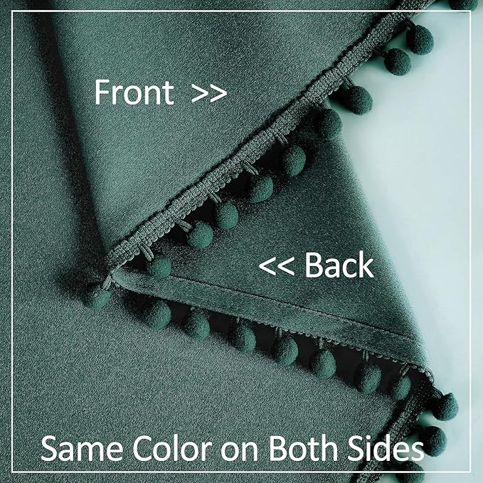 Treatmentex Green Blackout Curtains for Bedroom 90 inch Pom Pom Windows Drapes Cute Decorative Triple Weave Thermal Insulated Curtain Drapes for Nursery Room Studio Hotel 52" w x2 Panels Rod Pocket