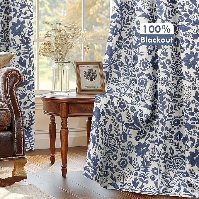 DriftAway Julia Watercolor Blackout Room Darkening Lined Thermal Insulated Energy Saving Window Curtains 2 Layers 2 Panels Each Size 52 Inch by 84 Inch Linen Navy