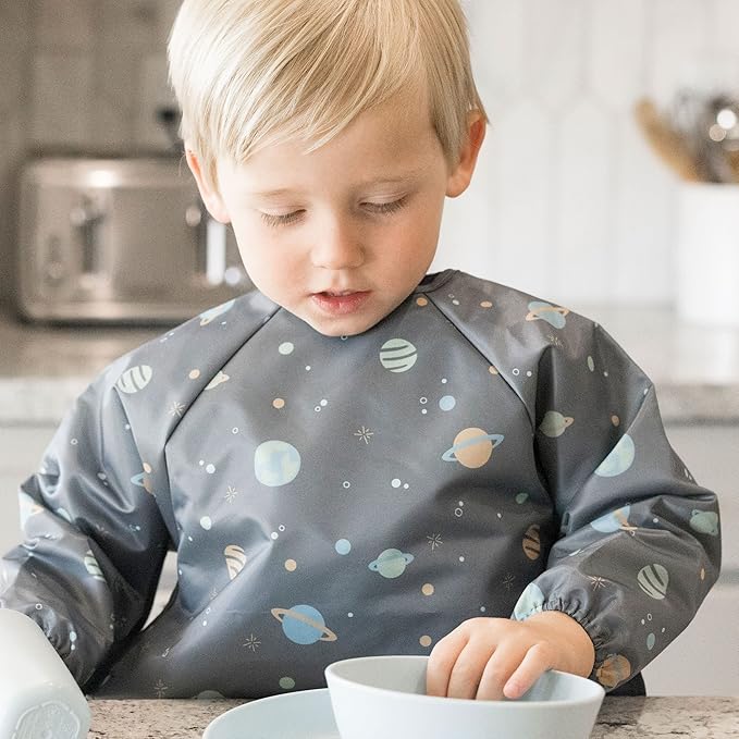 Tiny Twinkle Long Sleeve Bib for Babies & Toddlers | Waterproof Smock Bib for Eating | Machine Washable & Mess-Proof Feeding Essentials | Newborn Shower Gift (Space, 6–24M)