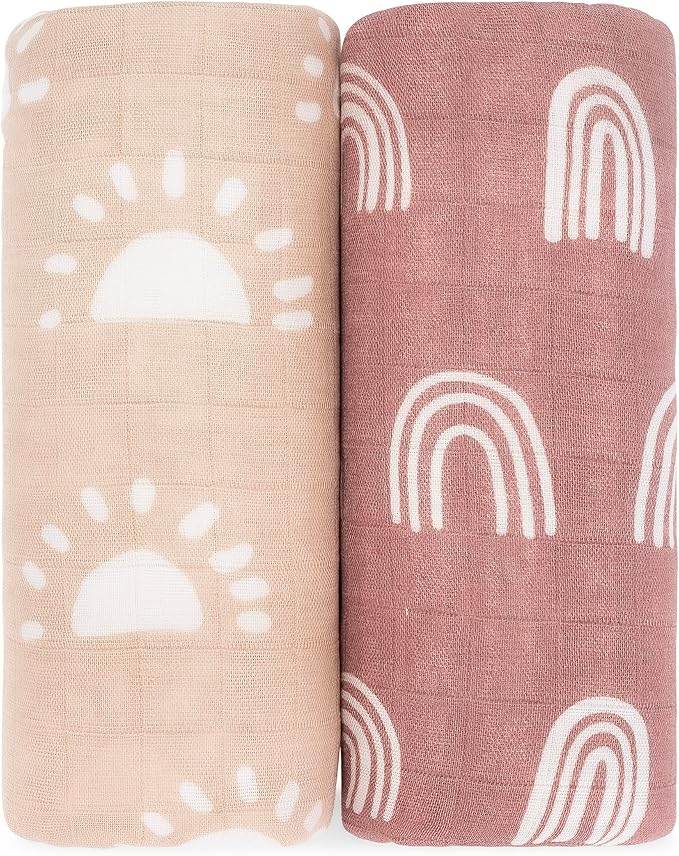 Comfy Cubs Muslin Swaddle Blankets Pack of 2, 47 x 47 Inch Soft Cotton Baby Blanket Set, Large Multipurpose Wraps for Newborns - Self-Soothing Swaddles for Newborns - Sun & Rainbow
