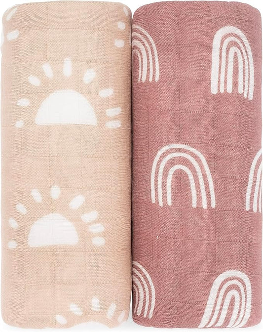 Comfy Cubs Muslin Swaddle Blankets Pack of 2, 47 x 47 Inch Soft Cotton Baby Blanket Set, Large Multipurpose Wraps for Newborns - Self-Soothing Swaddles for Newborns - Sun & Rainbow