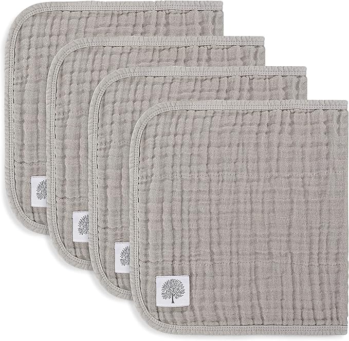 Parker Baby Muslin Burp Cloths | 100% Cotton Burping Clothes, Newborn Essential | Must-Have Baby Registry, Modern and Trendy Colors | 20"x11" Unisex Large Baby Burp Cloths, 4-Pack Gray Set