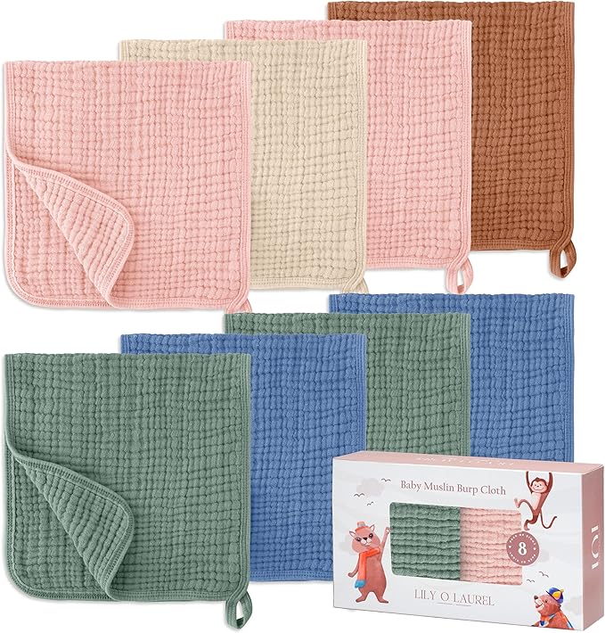 LILY O LAUREL Muslin Burp Cloths, 20"x10"- Pack of 8, 6 Layers Super Soft Absorbent & Breathable 100% Cotton for Baby Drool and Messes, Burp Cloth Baby Boy and Burp Cloths Baby Girl